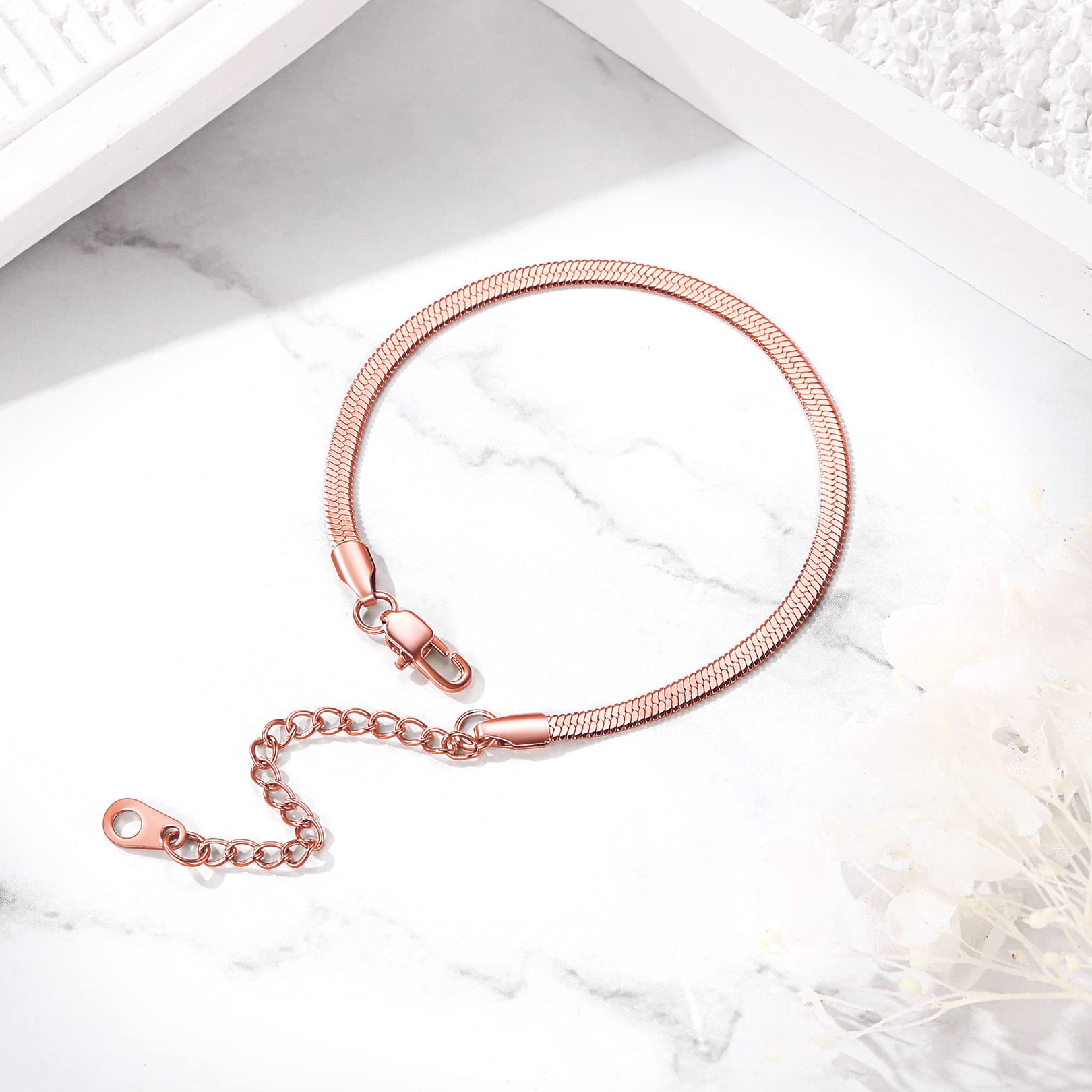 FOCALOOK Snake Chain Bracelet Rose Gold Plated 3MM Flat Herringbone Chain Bracelets