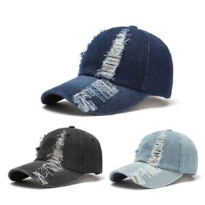 Vintage Distressed Jean Hat, Light Acid Washed Denim, Adjustable Clip for Universal Fit (Blue)