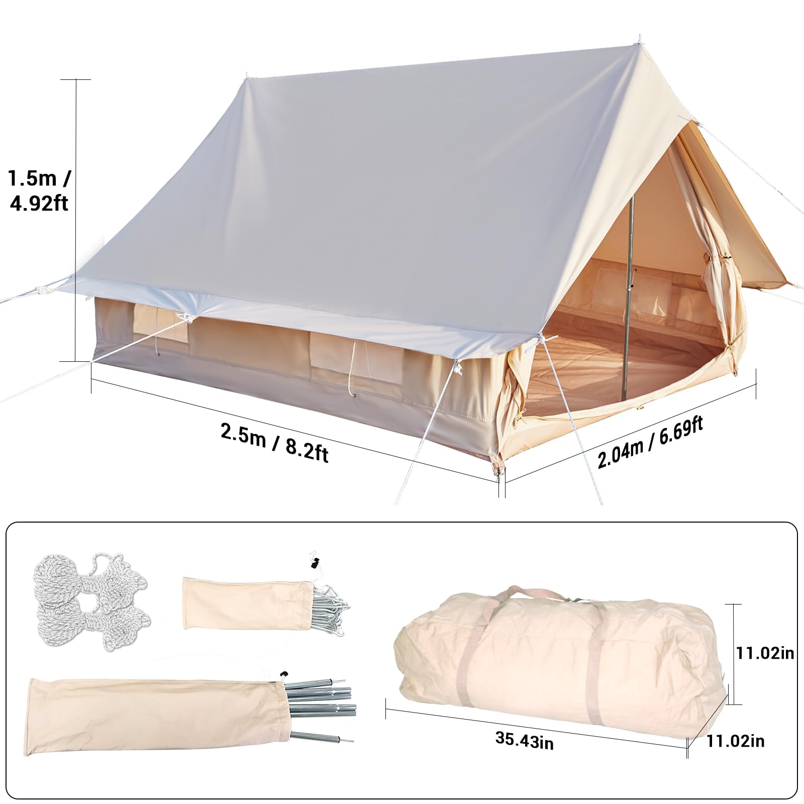 Canvas Cabin Bell Tent for 3-4 Person, Waterproof Glamping Yurt Tent Breathable All Seasons Outdoor Camping Tent, 6.69*8.2*4.92'