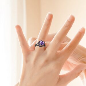 Women Punk Gothic Rings Retro Black Heart Love Puple Crystal Zirconia Dainty Preppy Trendy Rings Fingering Engagement Women Jewelry Statement Cocktail Party Biker Ring Size 6-10 (Purple, 7)