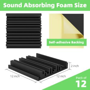 LIGHTDESIRE 12 Pack Self-Adhesive Sound Proof Foam Panels,12 X 12 X 2 inches Acoustic Foam,High Resilience Sound Proofing Padding for Wall,Sound Absorbing Panels Suitable for Home,Studio,Black