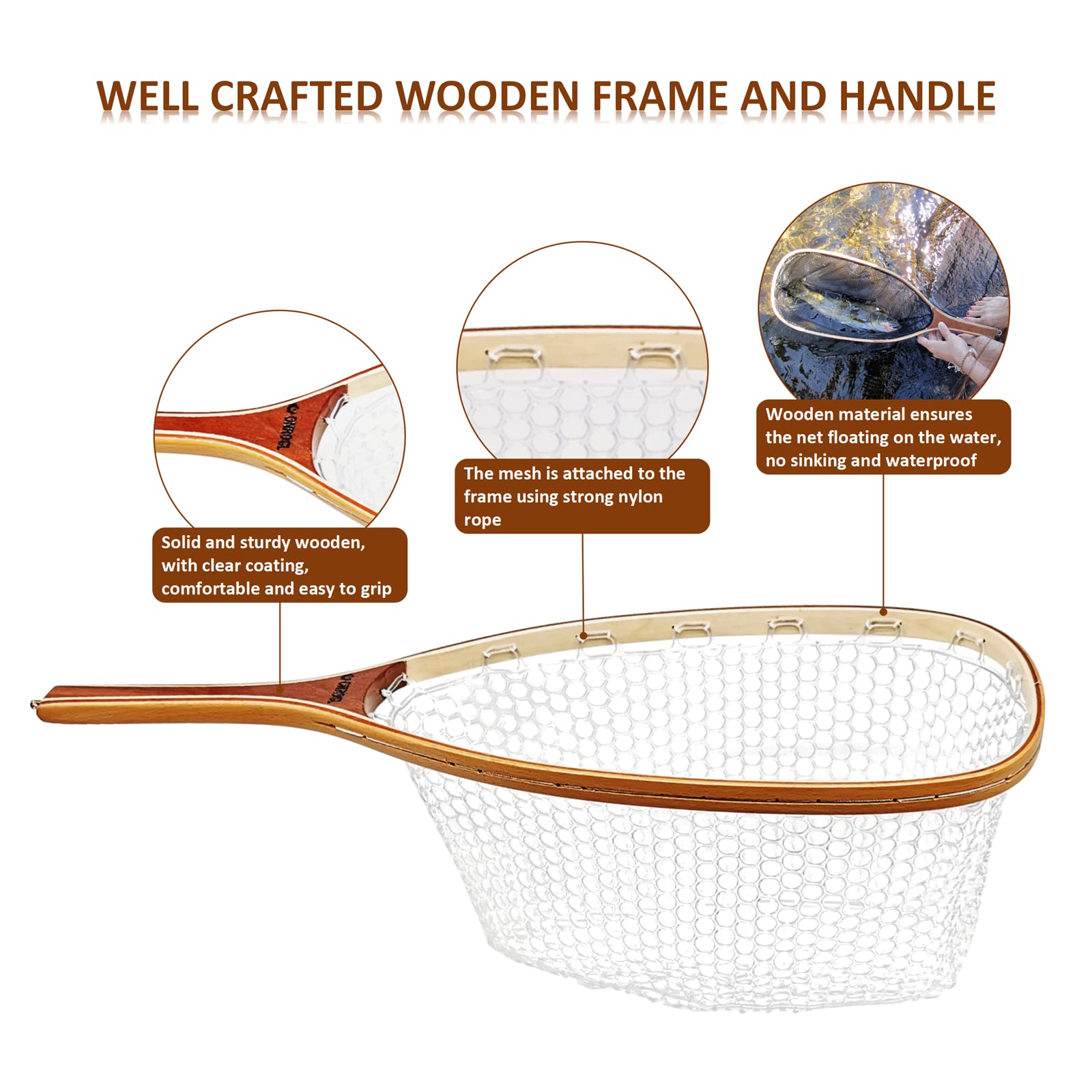 ONROCL Fly Fishing Net Trout Net with Magnetic Release and Rod Holder Wooden Frame Landing Net with Soft Rubber Mesh for Catch and Release (Clear Small Holes)