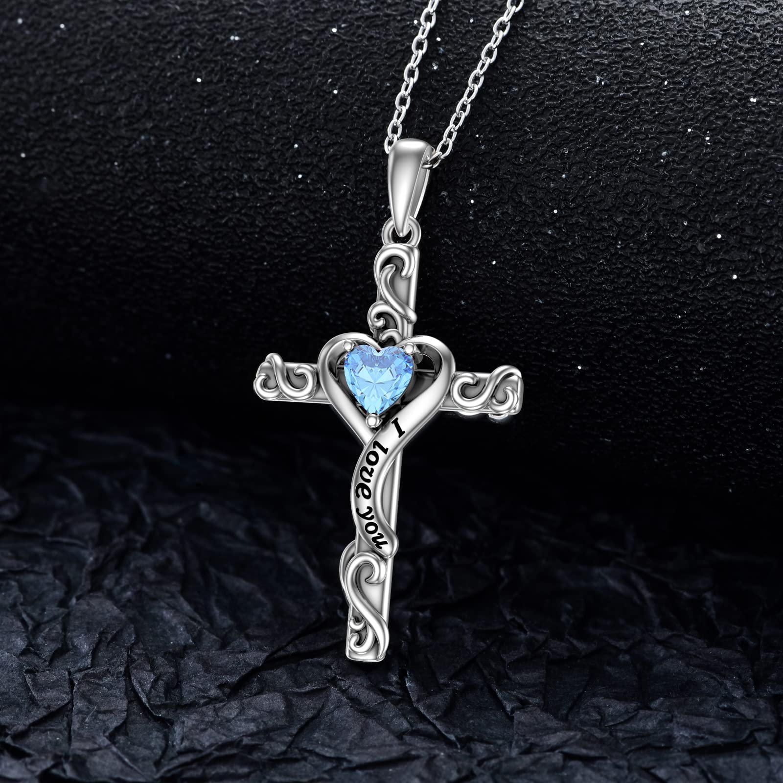 TOUPOP Aquamarine Cross Necklace for Women 925 Sterling Silver Birthstone Cross Pendant Necklace Heart Love March Birthstone Jewelry for Her Wife Girlfriend Birthday Anniversary Christmas Gifts