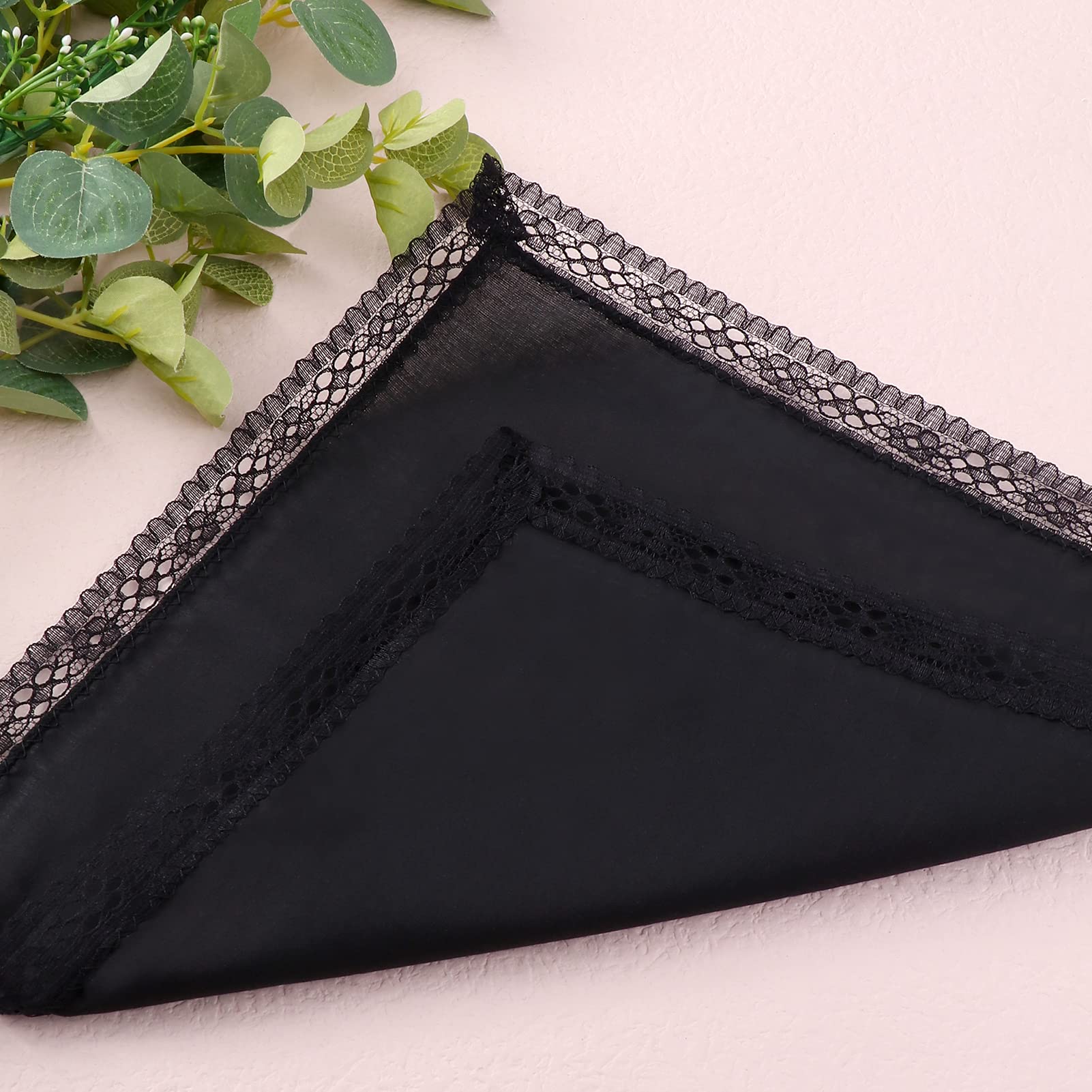 HOULIFE Women's Lace Handkerchiefs, Soft Cotton Embroidery Black Ladies Hankies with Lace Border (6 PCS)