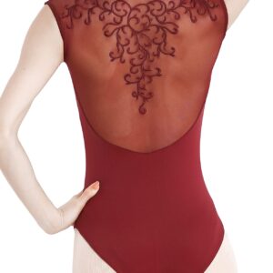 Dance Elite - Allure - Embroidered Floral Back Panel Leotard for Women Dance (Wine Cap Sleeves, Adult M)