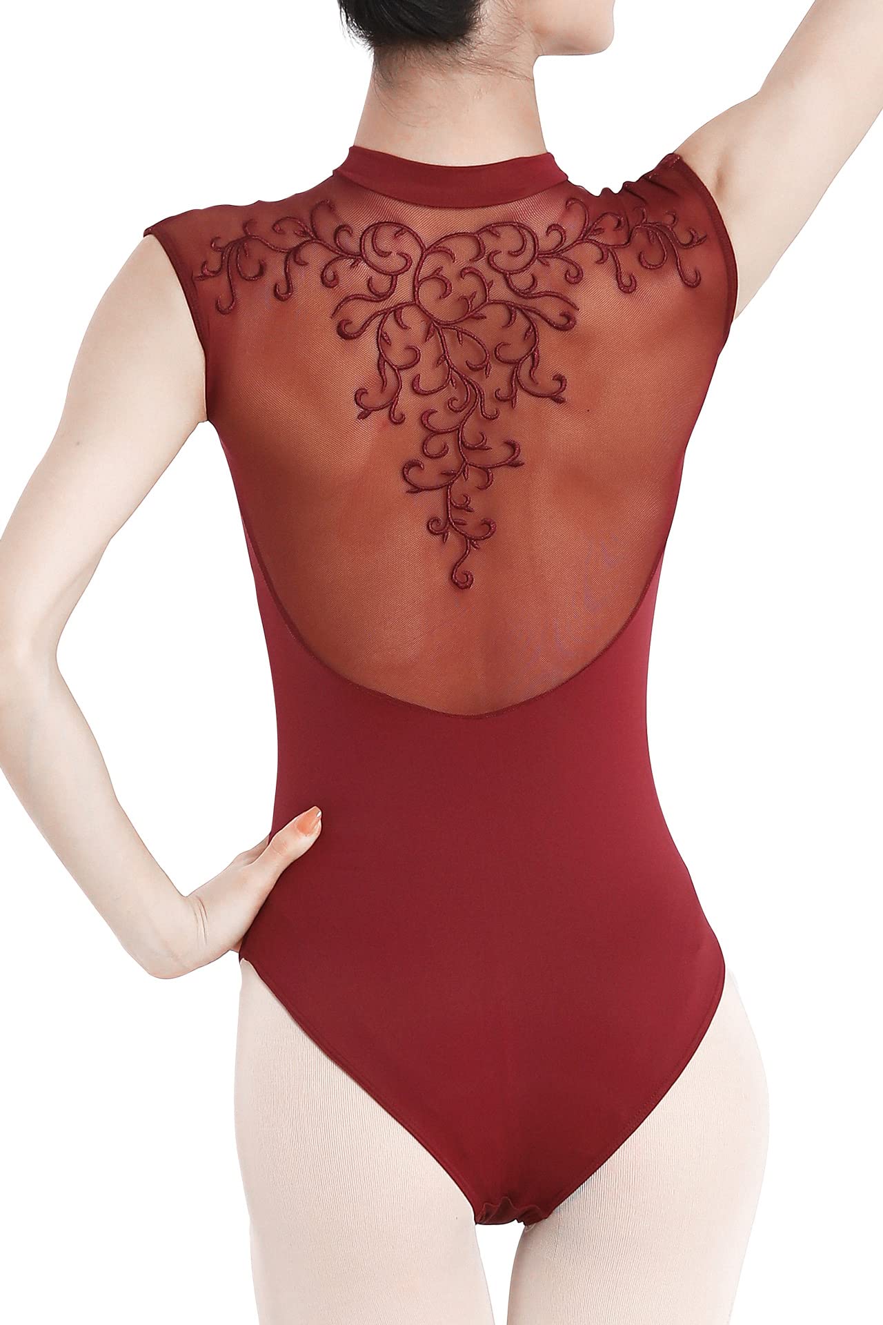 Dance Elite - Allure - Embroidered Floral Back Panel Leotard for Women Dance (Wine Cap Sleeves, Adult M)