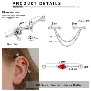 Drperfect Industrial Piercing Jewelry 14G 16G Stainless Steel Cartilage Helix Tragus Conch Earrings for Women Industrial Earrings Chain Cartilage Ear Piercing Jewelry Set