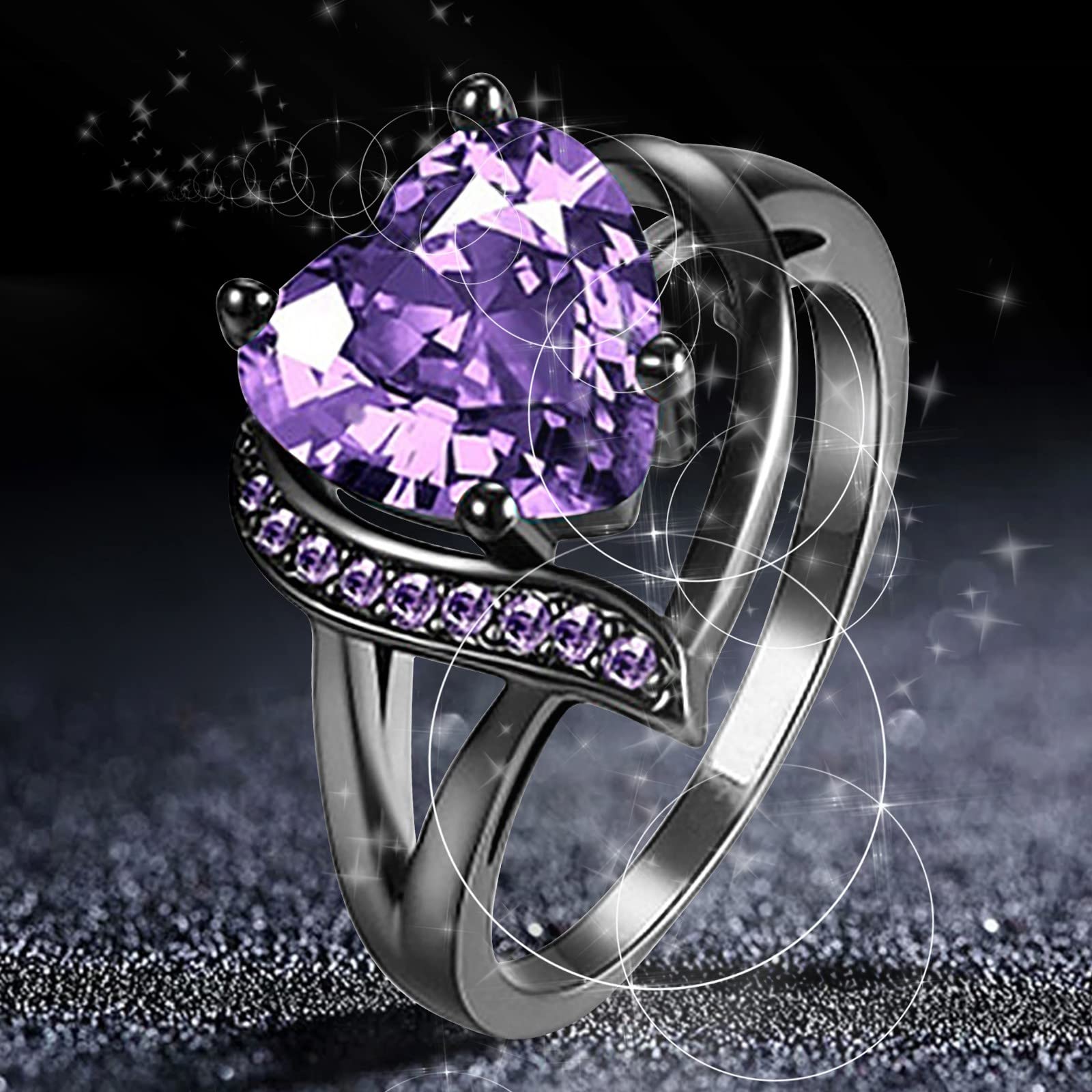 Women Punk Gothic Rings Retro Black Heart Love Puple Crystal Zirconia Dainty Preppy Trendy Rings Fingering Engagement Women Jewelry Statement Cocktail Party Biker Ring Size 6-10 (Purple, 7)