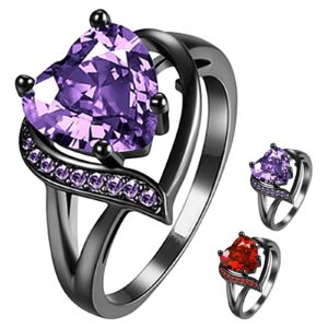 Women Punk Gothic Rings Retro Black Heart Love Puple Crystal Zirconia Dainty Preppy Trendy Rings Fingering Engagement Women Jewelry Statement Cocktail Party Biker Ring Size 6-10 (Purple, 7)