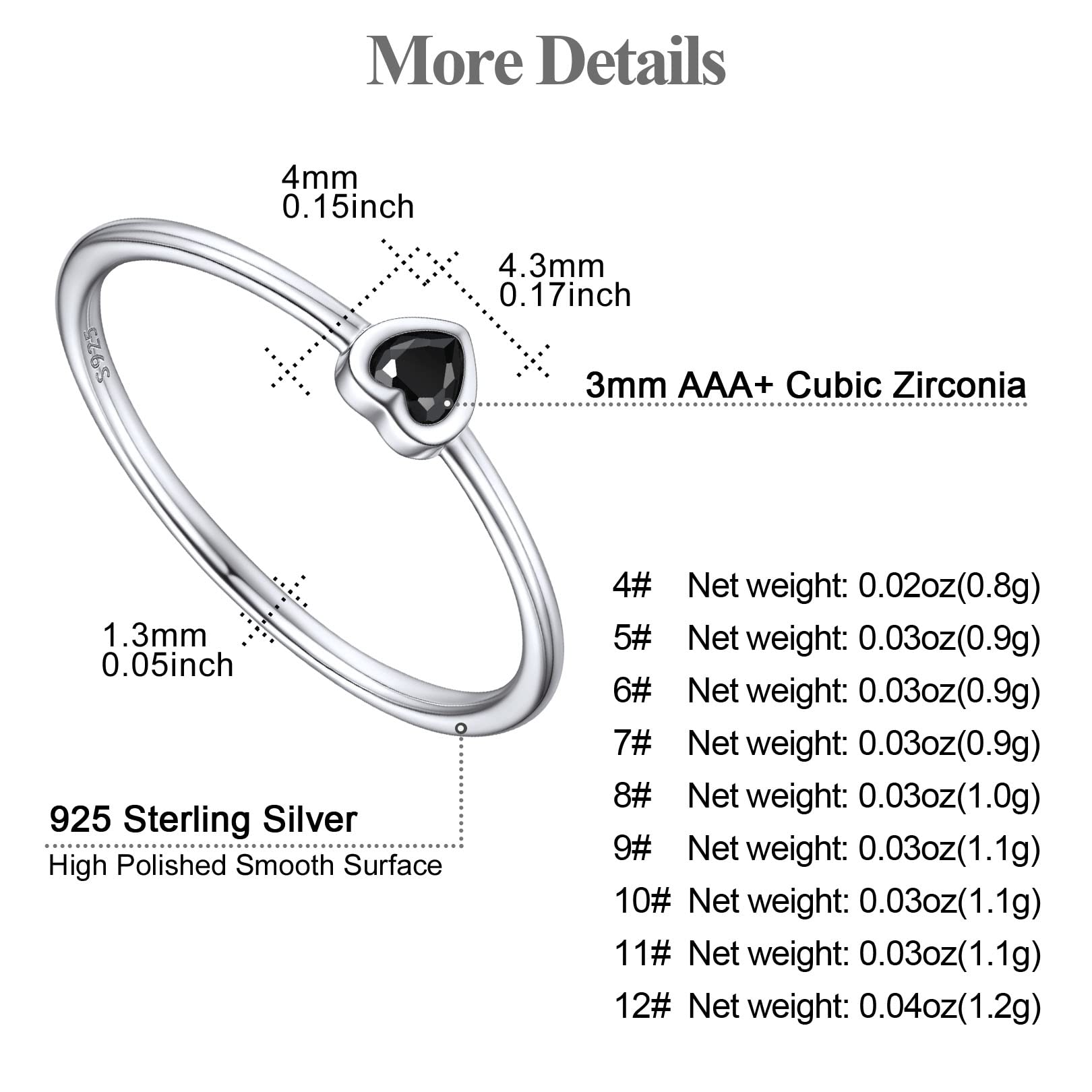 FOCALOOK 925 Sterling Silver Ring for Women, Heart Black Cubic Zirconia CZ Eternity Simple Stackable Engagement Wedding Promise Band Ring for Her Size 9