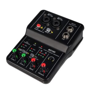 Mini 2 channel audio DJ mixer console interface with 48V phantom power Combo Jack Microphone/Guitar XLR+6.35mm, 3.5mm Stereo in, Headphone Jack for studio live show,party recording