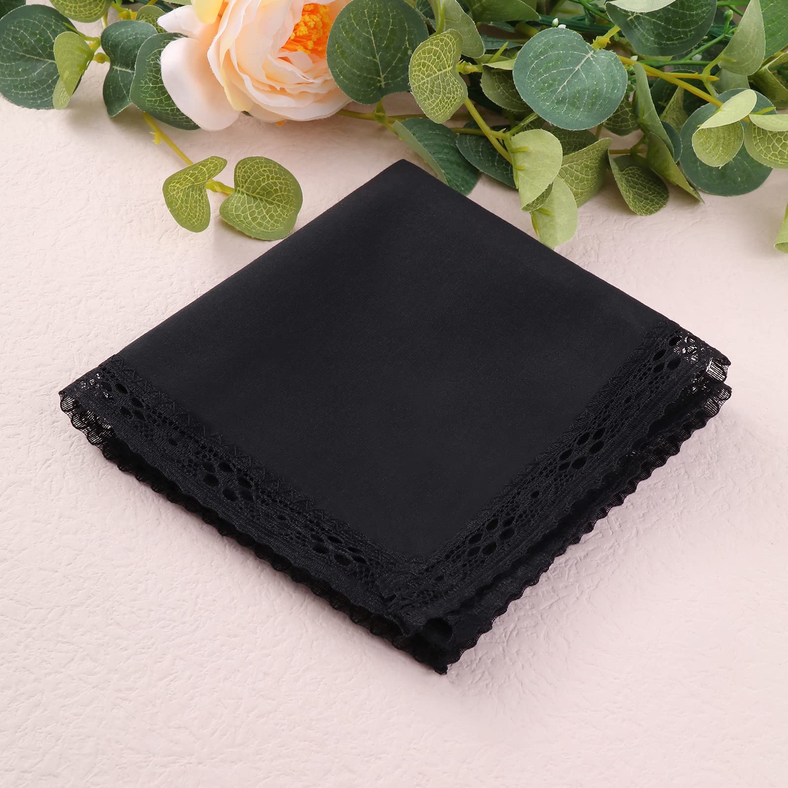 HOULIFE Women's Lace Handkerchiefs, Soft Cotton Embroidery Black Ladies Hankies with Lace Border (6 PCS)