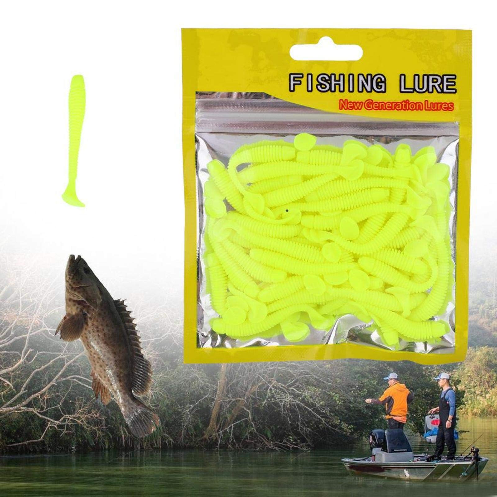 Fishing Soft Lures, 50PCS 5cm Soft Plastic Fishing Lures T Tail Grub Baits Soft Bionic Fishing Lure Fish Tackle Accessory Suitable for Fishing Lovers Outdoor(Yellow)