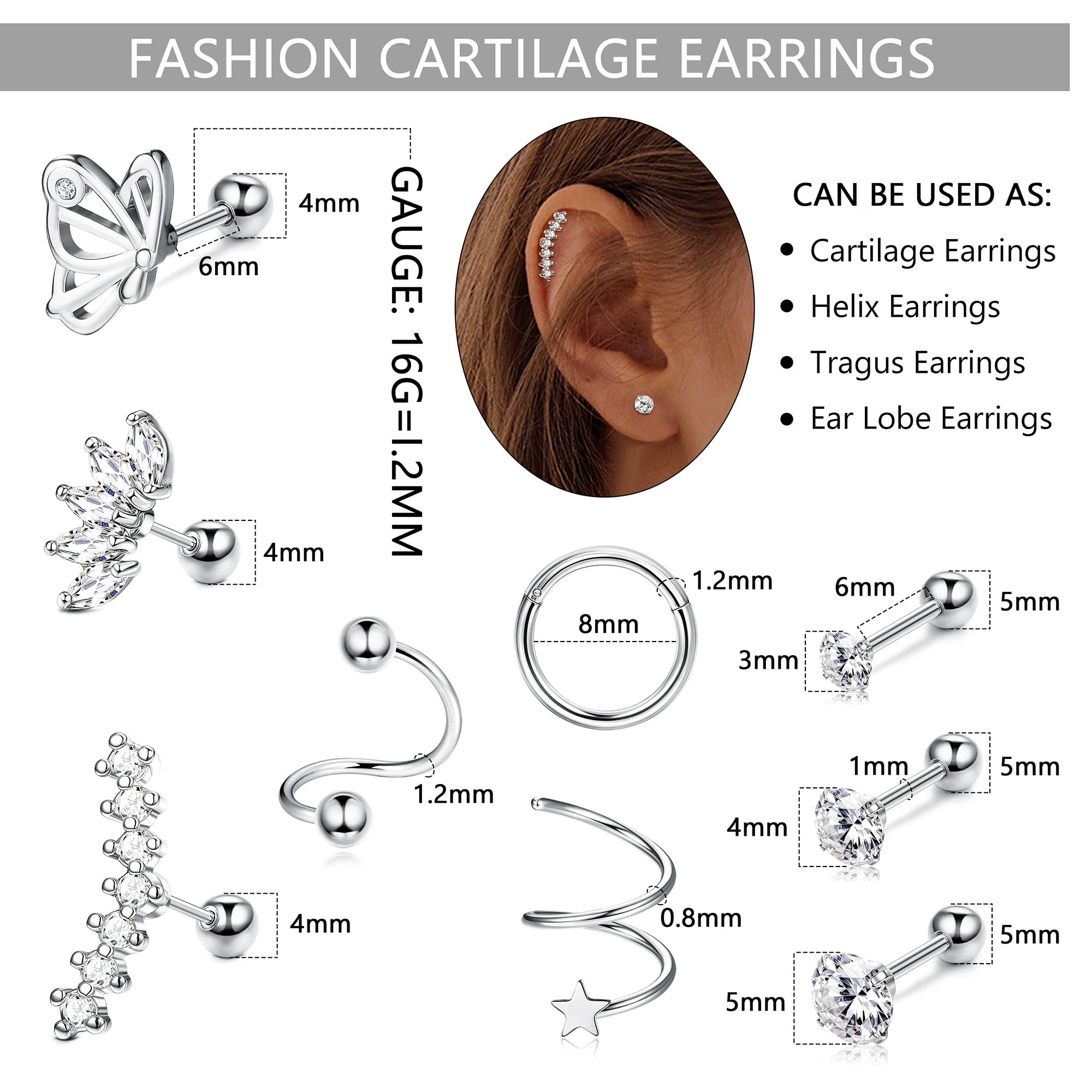 Drperfect Industrial Piercing Jewelry 14G 16G Stainless Steel Cartilage Helix Tragus Conch Earrings for Women Industrial Earrings Chain Cartilage Ear Piercing Jewelry Set