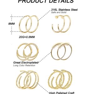 Vegolita 24Pcs 20G Surgical Steel Nose Rings Hoop Nose Studs Tragus Cartilage Earrings Piercing Jewelry 1.5mm 2mm 2.5mm 3mm CZ Gold