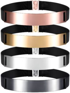 handepo 4 pcs women mirror waist belt metal stretch dress belts plated obi band waistband elastic belts for women metallic mirror waist belt, 4 colors