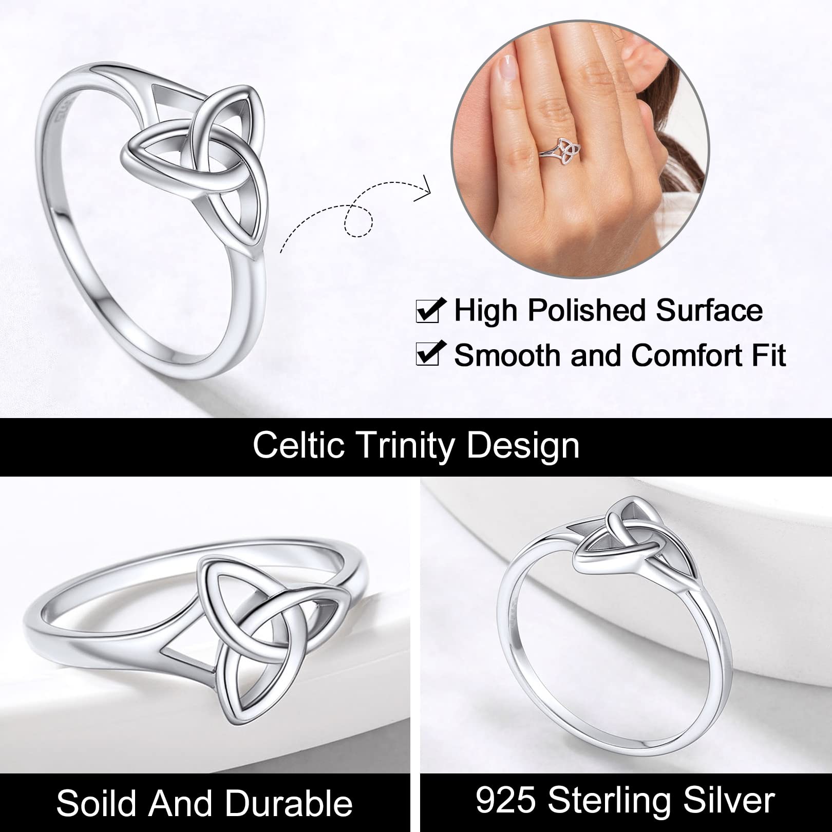 FOCALOOK 925 Sterling Silver Platinum Plated Celtic Triquetra Trinity Knot Simple Plain Stackable Band Ring Womens Promise Ring, Size 6