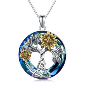 Sunflower Necklace 925 Sterling Silver with Crystal Sunflower Necklace Tree of Life Pendant Sunflower Jewelry Gifts for Women Mom Wife