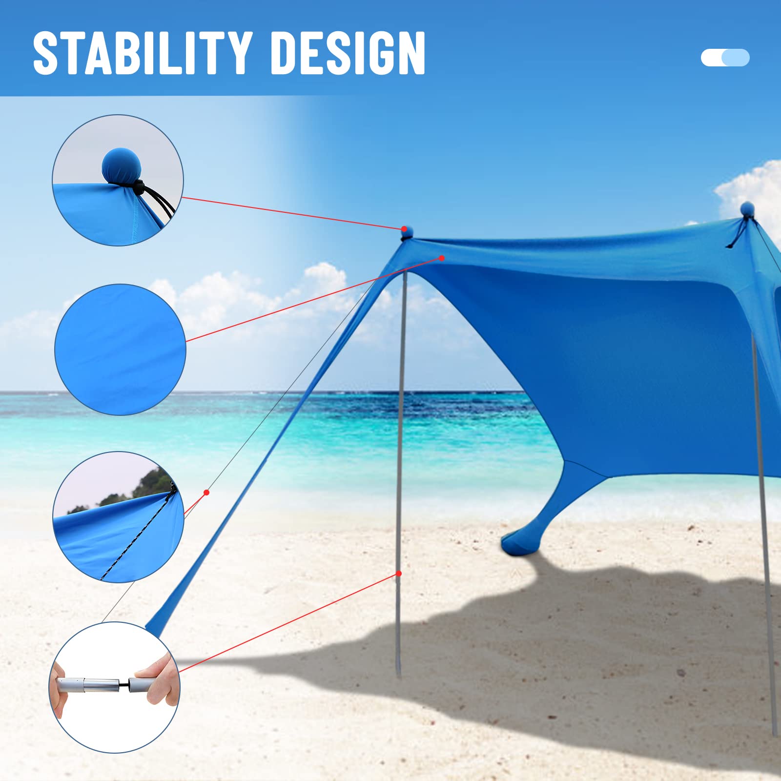 UNIMEIX Beach Canopy Sun Shelter with Beach Blanket and Carry Bag, UPF 50+ Beach Sun Shade Canopy Pop Up Beach Canopy Tents for Beach, Fishing, Backyard, Camping, 2 Poles with Blanket