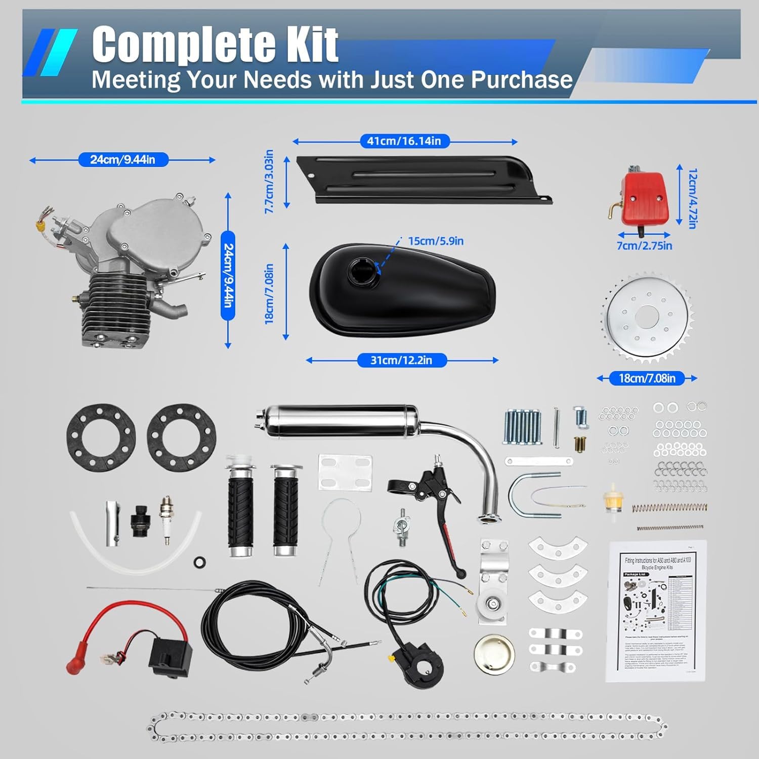 100cc Bicycle Engine Kit, 2-Stroke Gas Motor Bike Kit Air-Cooling Bicycle Motorized Full Set Super Fuel-efficient for Most 26" /28" Bikes Bicycle Scooter…