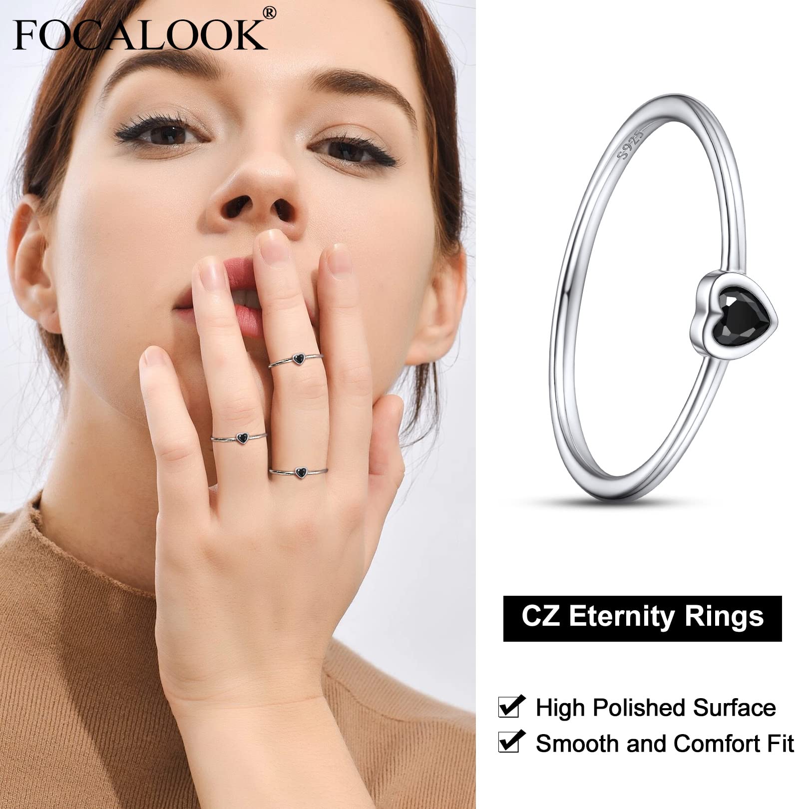 FOCALOOK 925 Sterling Silver Ring for Women, Heart Black Cubic Zirconia CZ Eternity Simple Stackable Engagement Wedding Promise Band Ring for Her Size 9