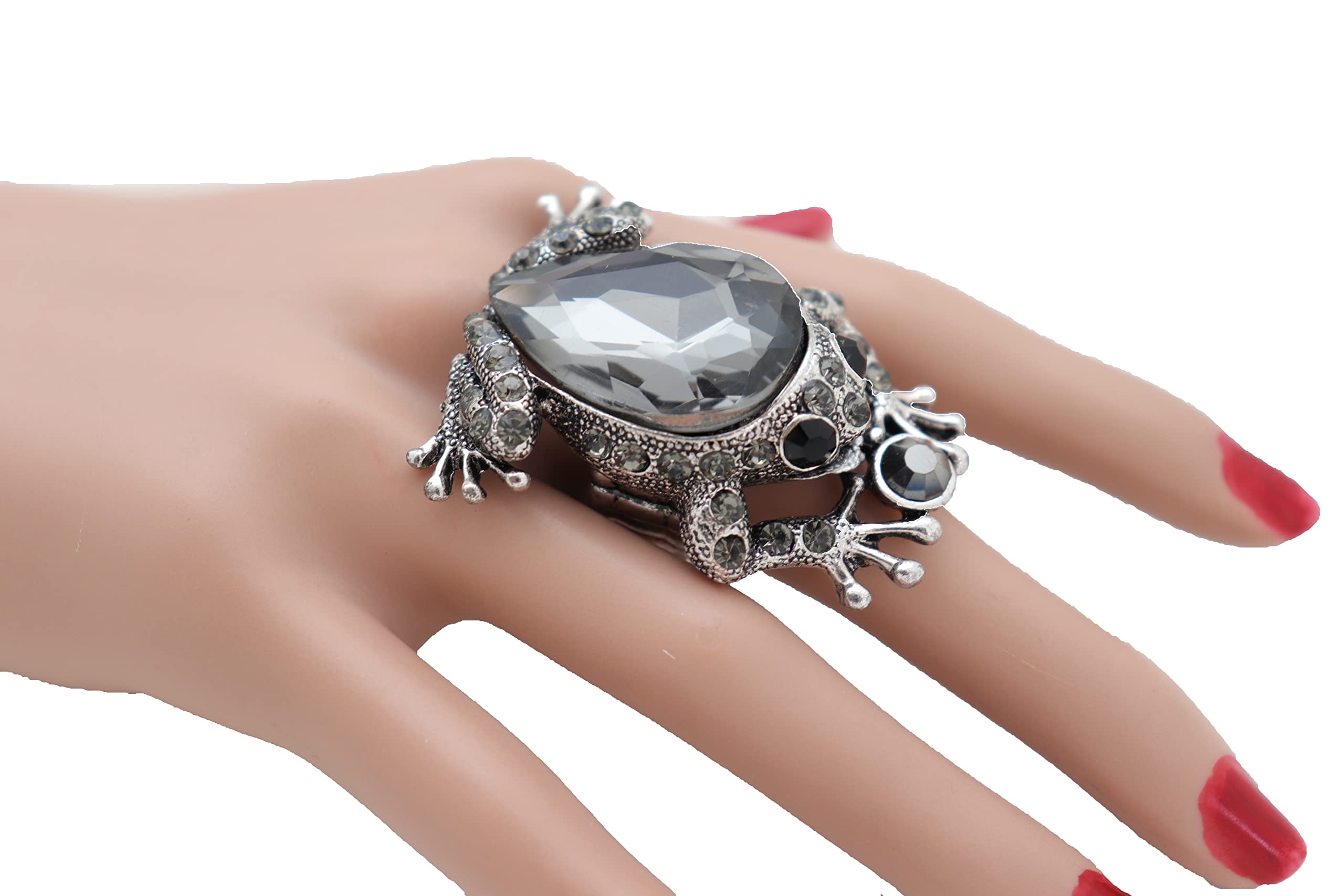 Women Fashion Jewelry Frog Ring - Silver Color Metal One Size Elastic Band Big Animal