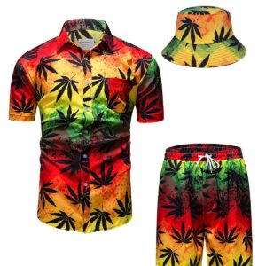 TUNEVUSE Mens Hawaiian Shirts and Shorts Set 2 Pieces Beach Outfits Print Summer Tropical Suit with Bucket Hats Orange Large