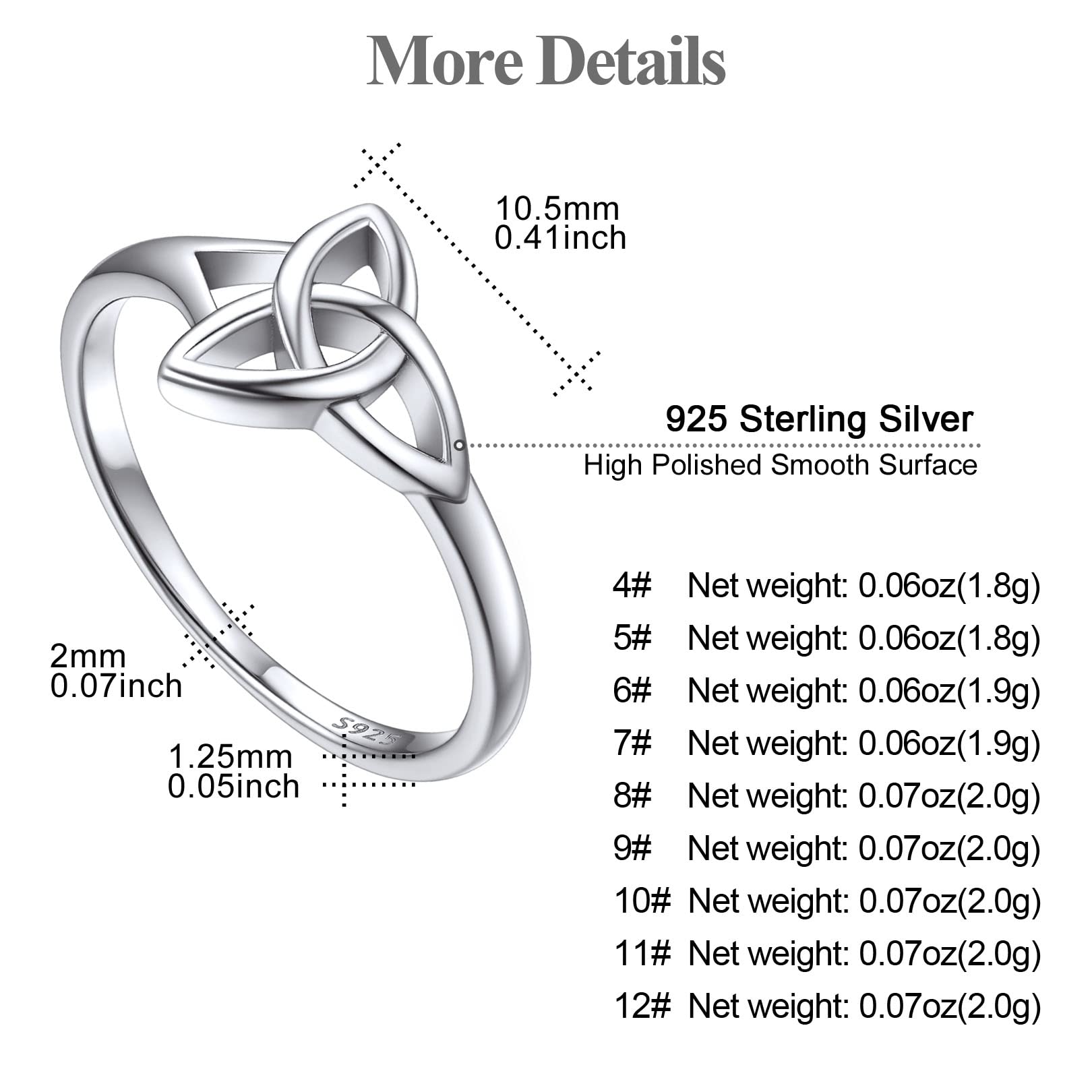 FOCALOOK 925 Sterling Silver Platinum Plated Celtic Triquetra Trinity Knot Simple Plain Stackable Band Ring Womens Promise Ring, Size 6