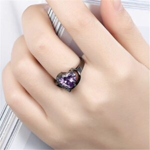 Women Punk Gothic Rings Retro Black Heart Love Puple Crystal Zirconia Dainty Preppy Trendy Rings Fingering Engagement Women Jewelry Statement Cocktail Party Biker Ring Size 6-10 (Purple, 7)