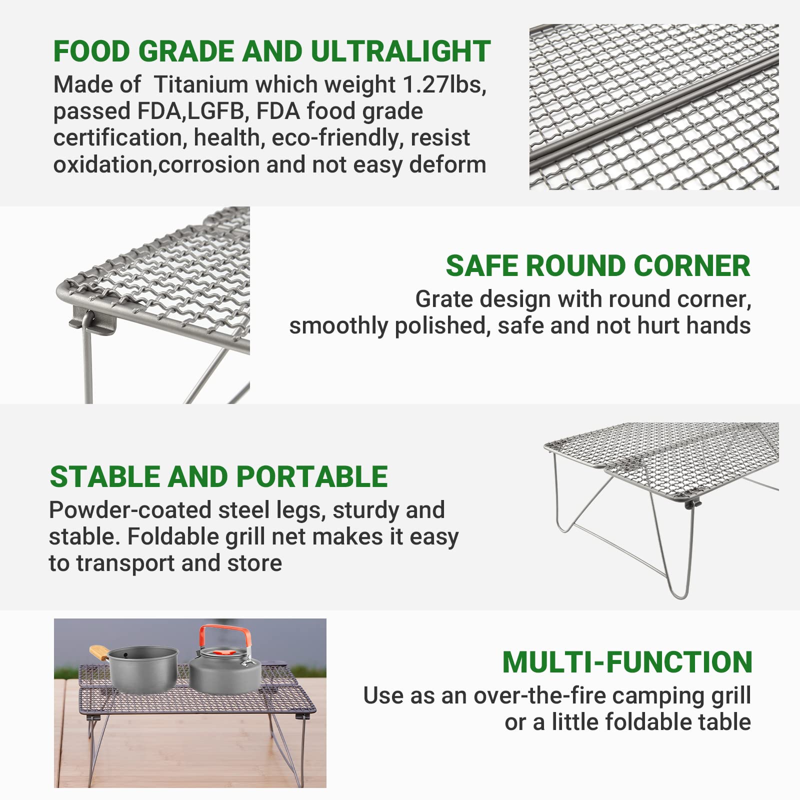 COOK'N'ESCAPE Titanium Girll Camp Fire Cooking Racks Portable Camping Grill Folding Campfire Grill Camp Grill with Removable Legs for Outdoor Picnic BBQ Backpacking Hiking