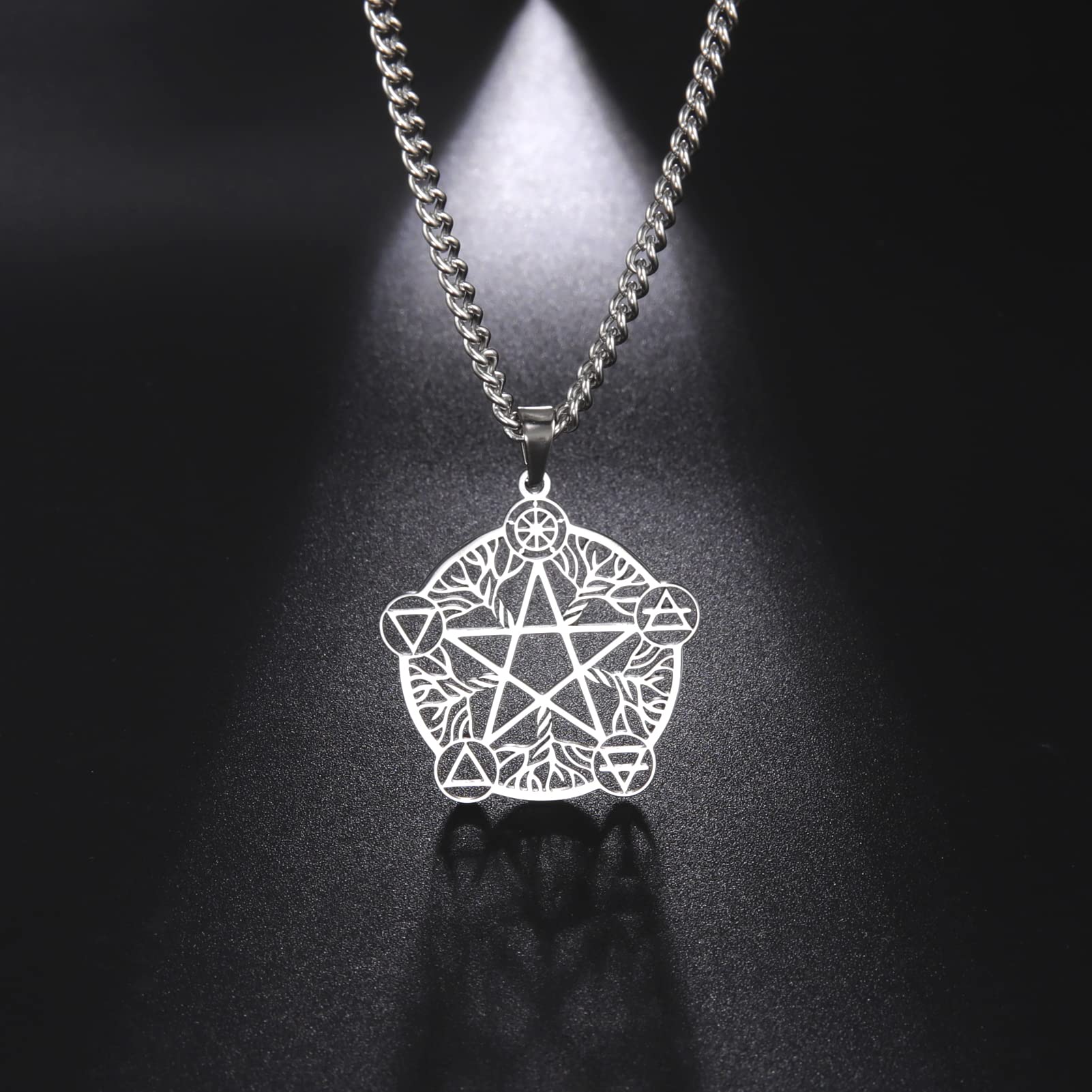 TEAMER Tree of Life Pentagram Necklace Stainless Steel Pentacle Pendant Wicca Pagan Jewelry for Women (Steel)