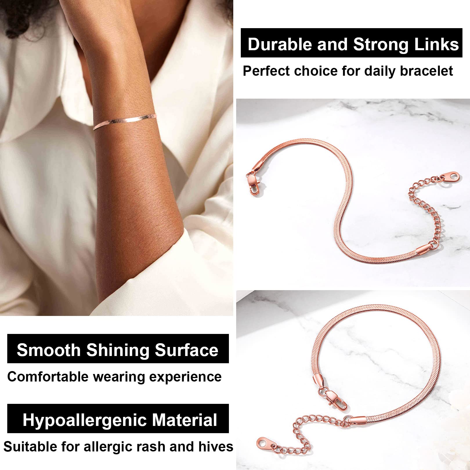 FOCALOOK Snake Chain Bracelet Rose Gold Plated 3MM Flat Herringbone Chain Bracelets