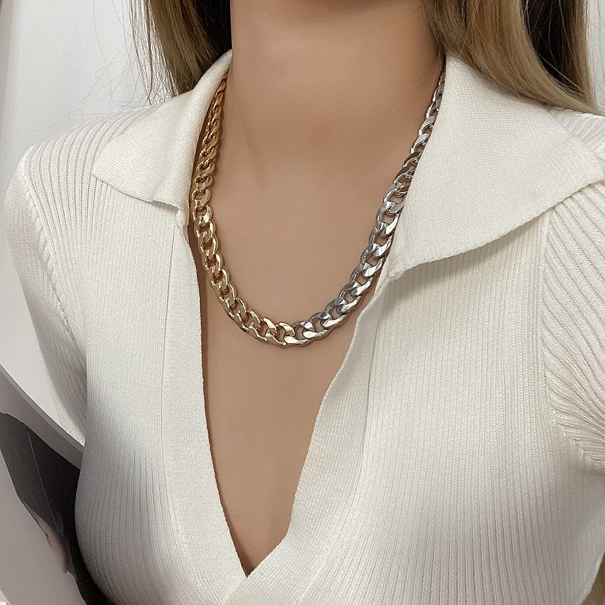 Fashion Necklace Punk Chunky Gold Silver Color Thick Cuban Chain Necklace for Women Men Hip Hop Trend Mixed Color Heavy Metal Jewelry Necklace