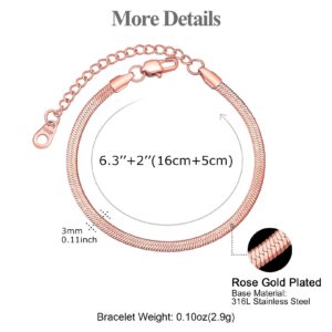 FOCALOOK Snake Chain Bracelet Rose Gold Plated 3MM Flat Herringbone Chain Bracelets