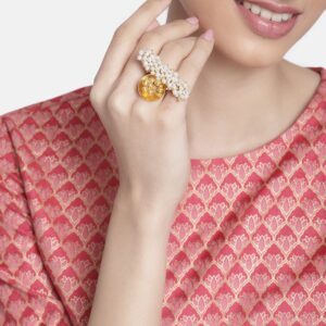 I Jewels Gold Plated Indian Wedding Bollywood Ethnic Adjustable Brass Finger Ring Embellished With ghungroo and pearl (FL224)