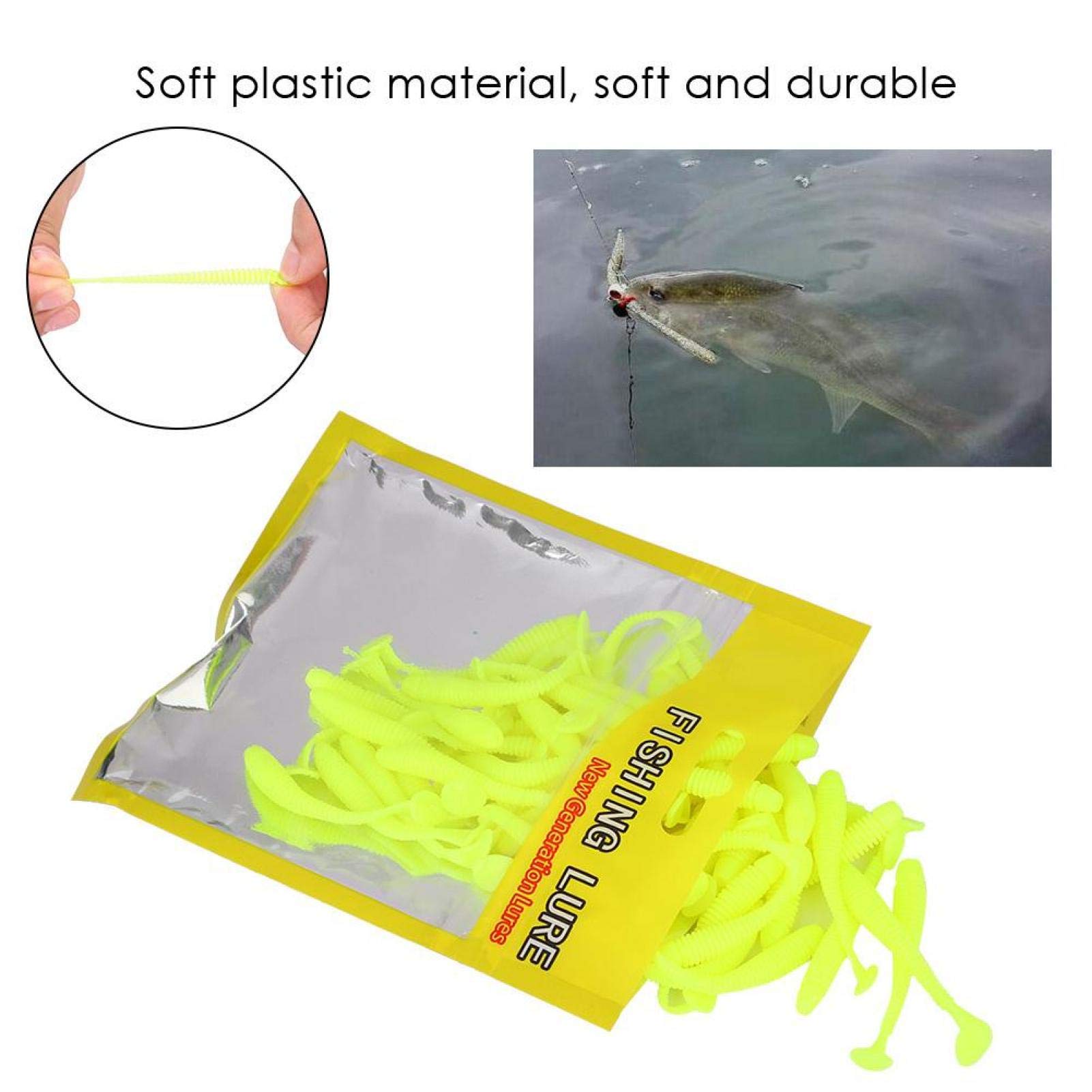 Fishing Soft Lures, 50PCS 5cm Soft Plastic Fishing Lures T Tail Grub Baits Soft Bionic Fishing Lure Fish Tackle Accessory Suitable for Fishing Lovers Outdoor(Yellow)