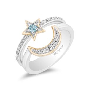 jewelili enchanted disney fine jewelry sterling silver and 10k yellow gold 1/6 cttw diamond, swiss blue topaz aladdin 30th anniversary jasmine star & moon ring size 8