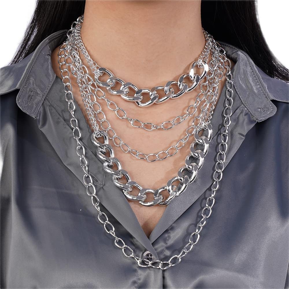 YERTTER Punk Multi-Layered Cuban Curb Chunky Chain Silver Choker Necklace Thick Choker Hip Hop Street Eboy Choker Necklace Gift