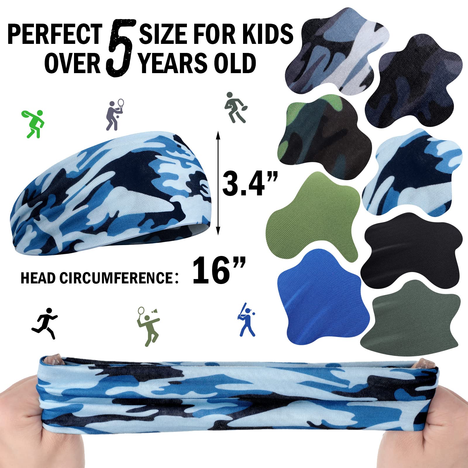 Zhanmai 8 Pieces Boys Headbands Athletic Sweatbands Kids Sports Wicking Headbands Breathable Headbands Elastic Sweat Headband Girls Boys for Football Basketball Running Exercise(Camo and Plain)