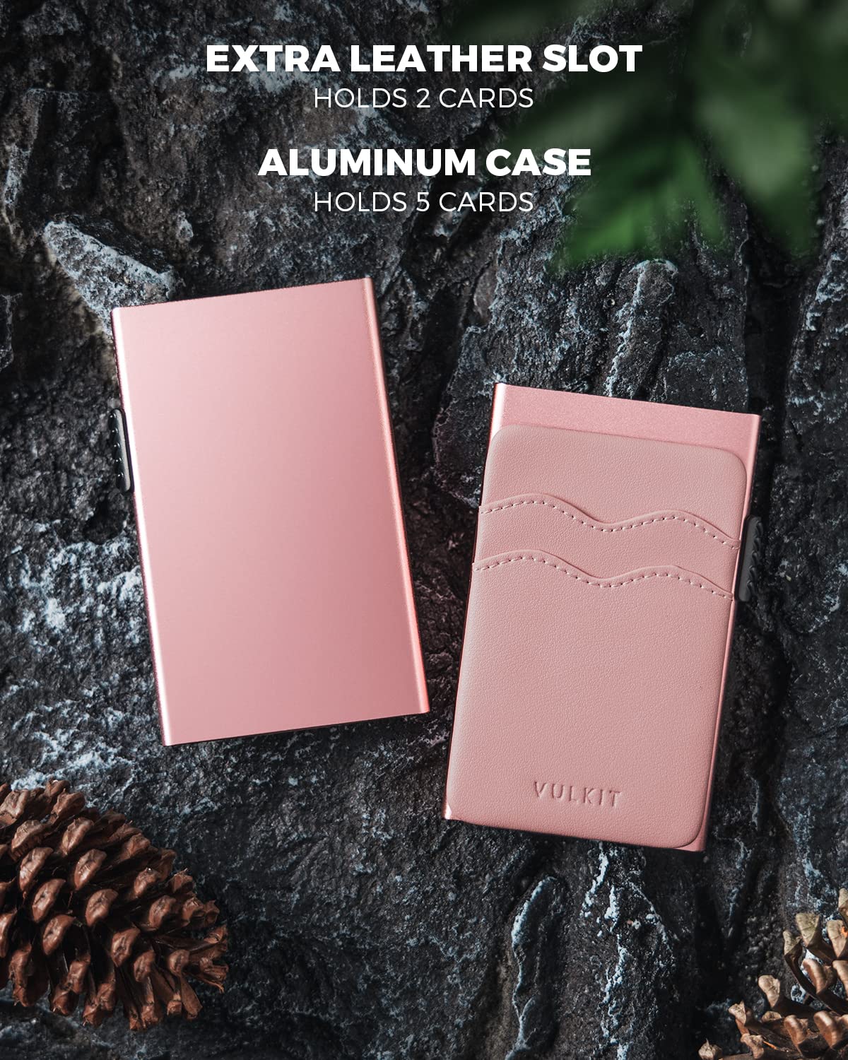 VULKIT Credit Card Holder Minimalist Slim Pop Up Wallet with Leather Slots RFID Blocking for Men and Women Holds 7 Cards and Notes Rose