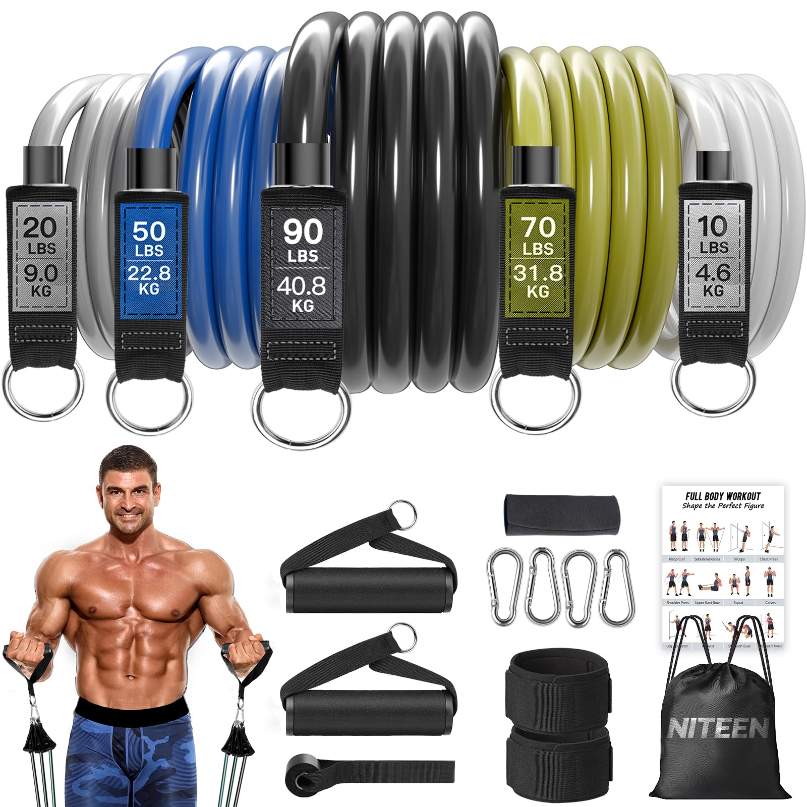 Heavy Resistance Bands for Working Out 240lbs, NITEEN Resistance Bands with Handles Weight Exercise Bands for Men Women, Workout Bands with Door Anchor and Ankle Straps Strength Training Equipment