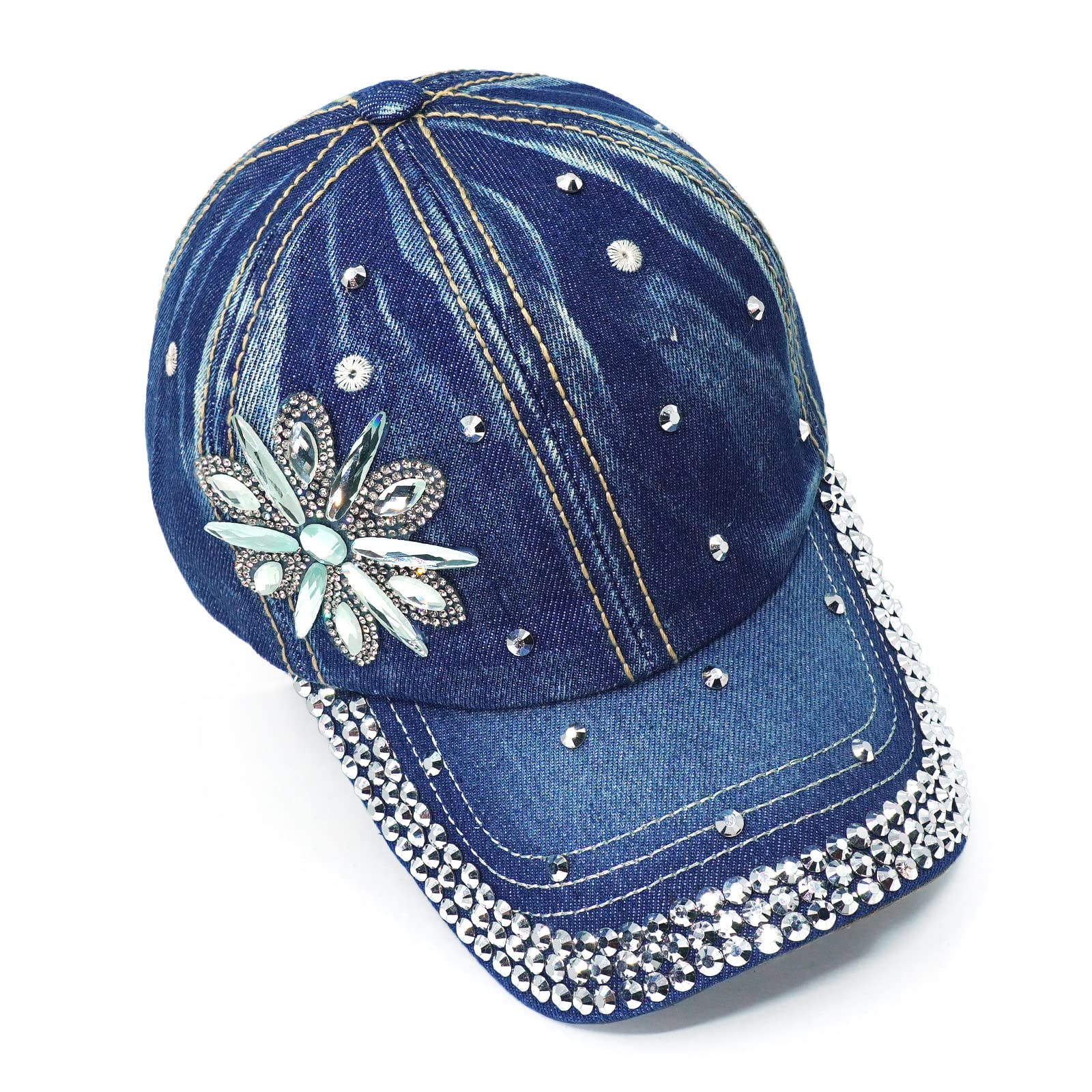 Bling Baseball Cap for Women Fancy Denim Bejeweled Sun Hat Studded Rhinestone Crystals Adjustable (F-2)