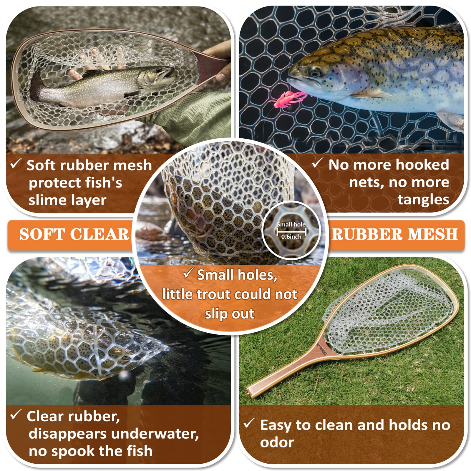 ONROCL Fly Fishing Net Trout Net with Magnetic Release and Rod Holder Wooden Frame Landing Net with Soft Rubber Mesh for Catch and Release (Clear Small Holes)