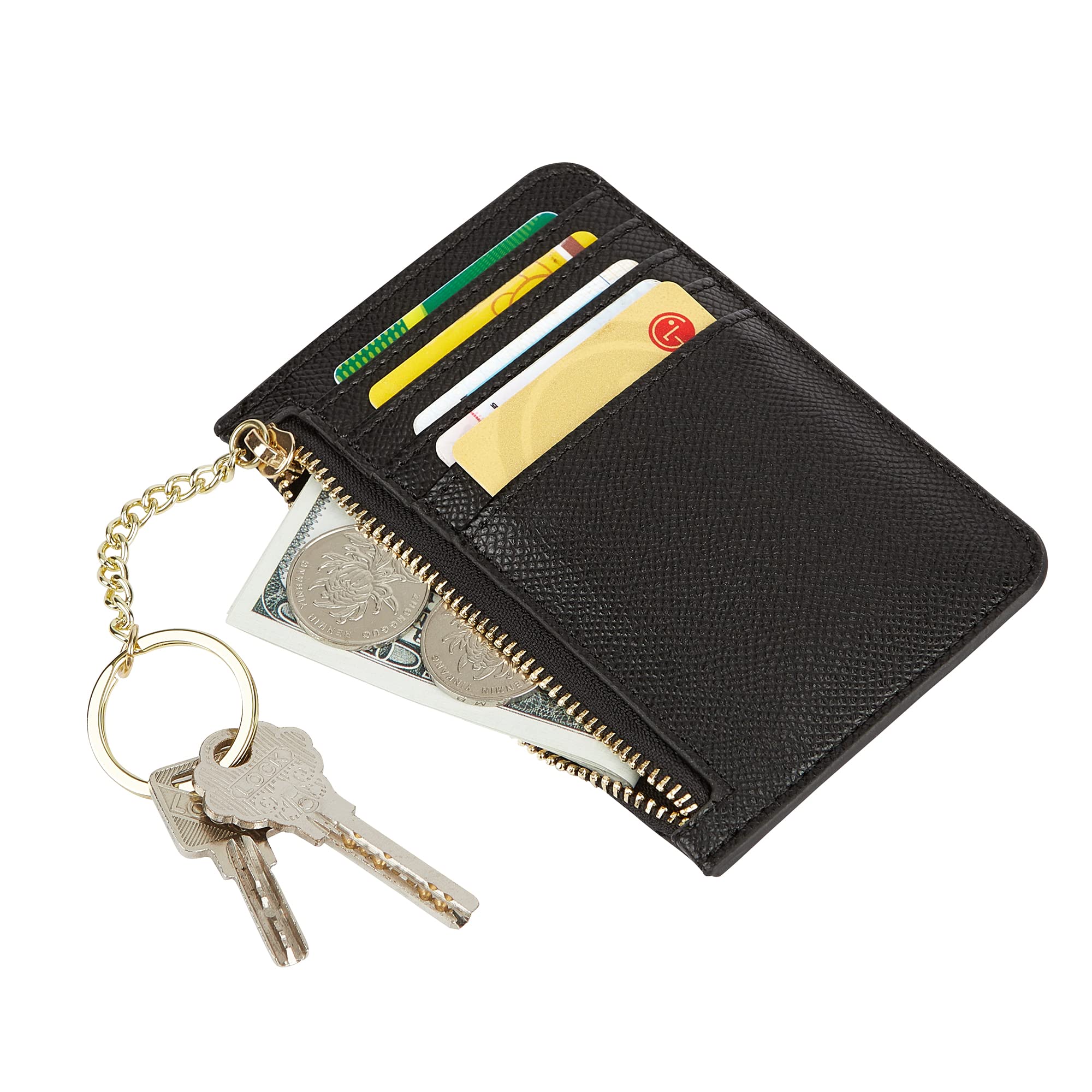 Women's Leather Slim Minimalist Card Holder Case Zipper Changes Coin Front Pocket Wallet With Keychain, Black