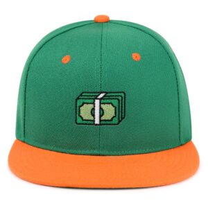 JPAK Money Hip-Hop Snapback Hat Embroidered Green and Orange Two Tone Baseball Cap Bill Dollar