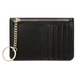 women's leather slim minimalist card holder case zipper changes coin front pocket wallet with keychain, black