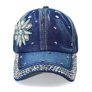 Bling Baseball Cap for Women Fancy Denim Bejeweled Sun Hat Studded Rhinestone Crystals Adjustable (F-2)