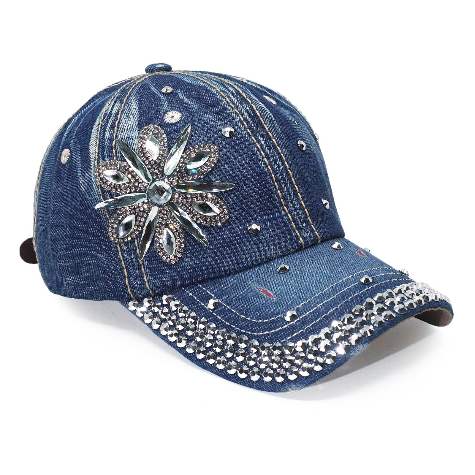 Bling Baseball Cap for Women Fancy Denim Bejeweled Sun Hat Studded Rhinestone Crystals Adjustable (F-2)