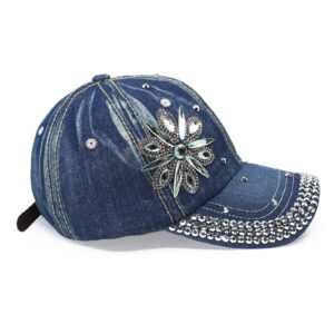 Bling Baseball Cap for Women Fancy Denim Bejeweled Sun Hat Studded Rhinestone Crystals Adjustable (F-2)