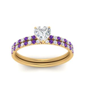 Jewelryonclick Pave Petite Ring with Matching Wedding Band Yellow Gold Plated Natural Amethyst Heart Shape Purple Color Wedding Ring Sets Pave Setting in Size 5 Fashion Jewelry